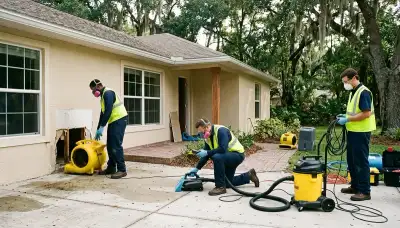 Water damage restoration crew in Gainesville, FL inspecting and drying a flooded property