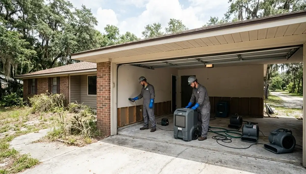 Water damage restoration team in Gainesville, FL inspecting a flood-damaged home